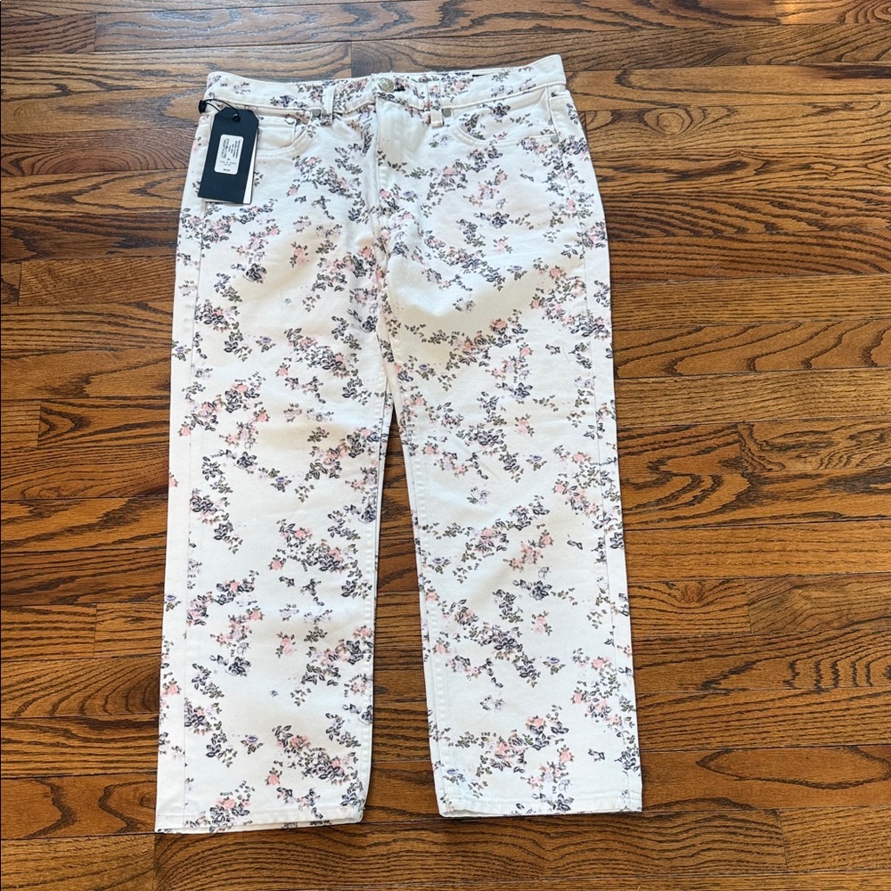 rag & bone White Straight-Leg Jeans with Pink & Gray Floral Print